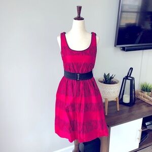 BCBG 100% Cotton Belted Dress with Vertical Line Pattern - Hot Pink - Barbiecore